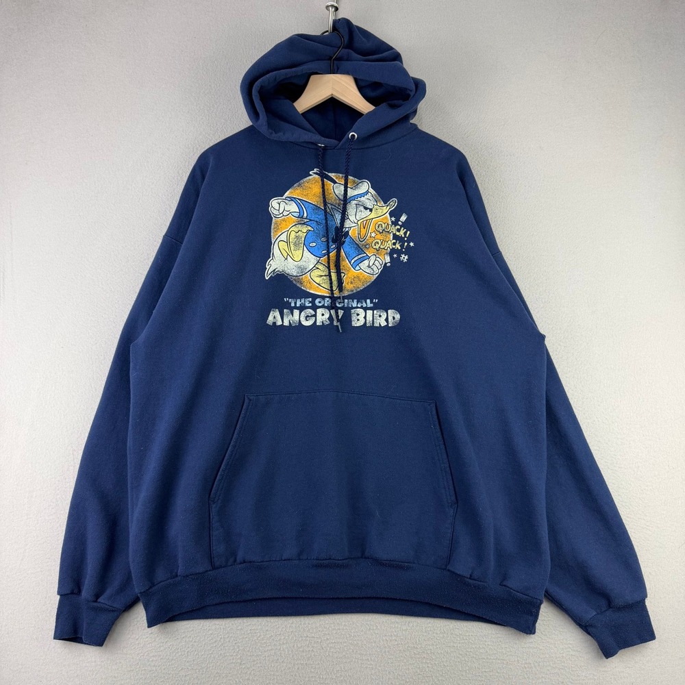 Disney Donald‎ Duck Hoodie Mens 2XL Blue Angry Bird Graphic Pullover Sweatshirt